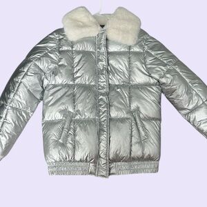 Silver Puffer Jacket with Faux Fur Collar